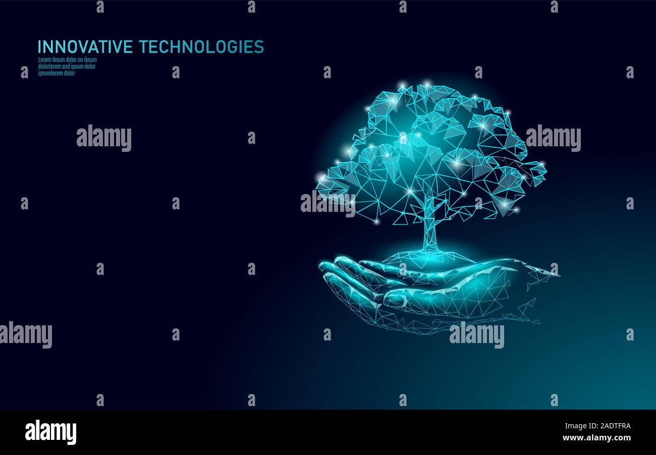 Hände, die Pflanze Baum ökologische abstraktes Konzept. 3D-Render Bepflanzung Boden Sämling verlässt. Speichern planet Natur Umwelt wachsen Leben. Eco Polygon Stock Vektor