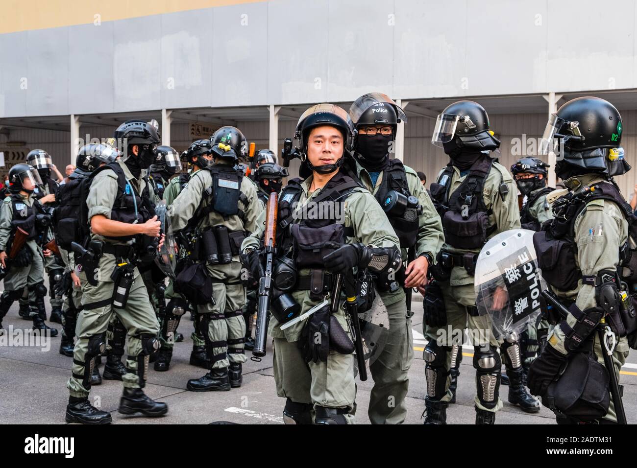 HongKong - Dezember 01, 2019: Bereitschaftspolizei auf Demonstration während der Proteste 2019, eine Serie von Demonstrationen in Hongkong gestartet als Anti-Extradition Gesetz änderung Rechnung (Anti-Elab) Bewegung. Stockfoto