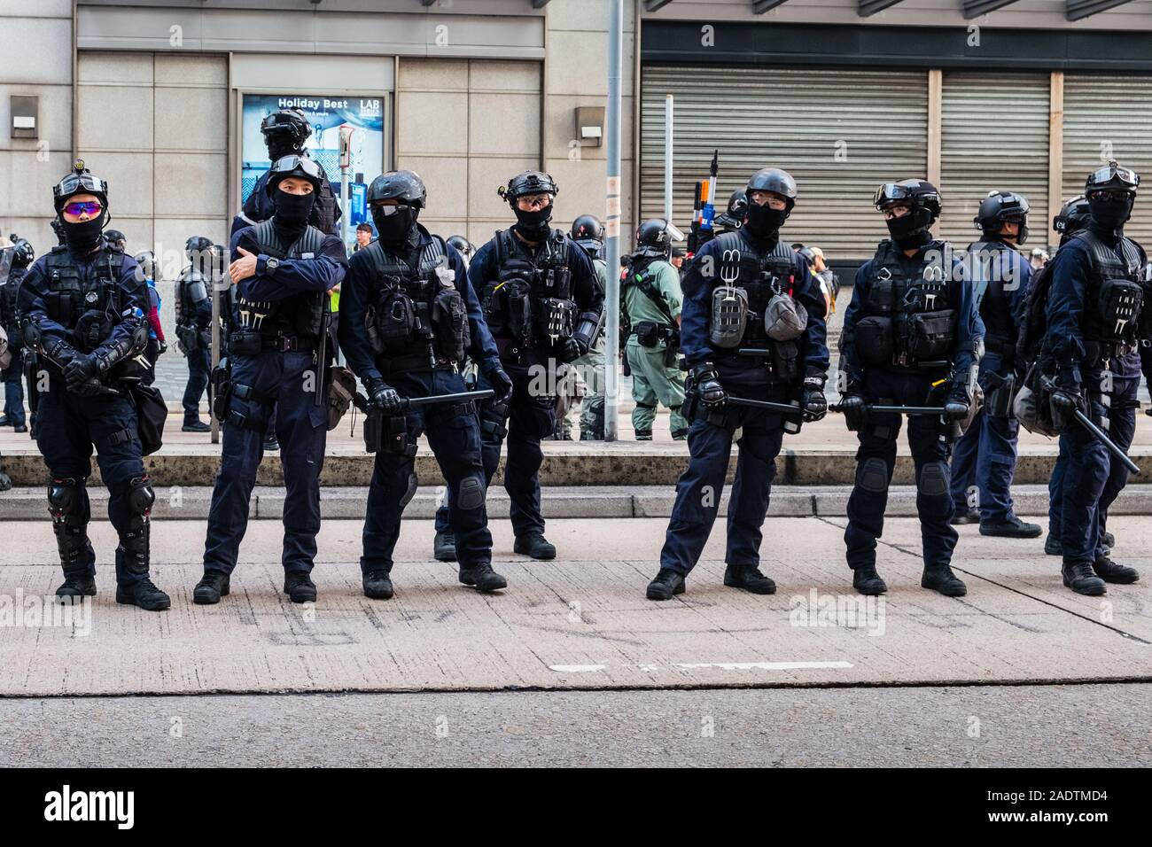 HongKong - Dezember 01, 2019: Bereitschaftspolizei auf Demonstration während der Proteste 2019, eine Serie von Demonstrationen in Hongkong gestartet als Anti-Extradition Gesetz änderung Rechnung (Anti-Elab) Bewegung. Stockfoto