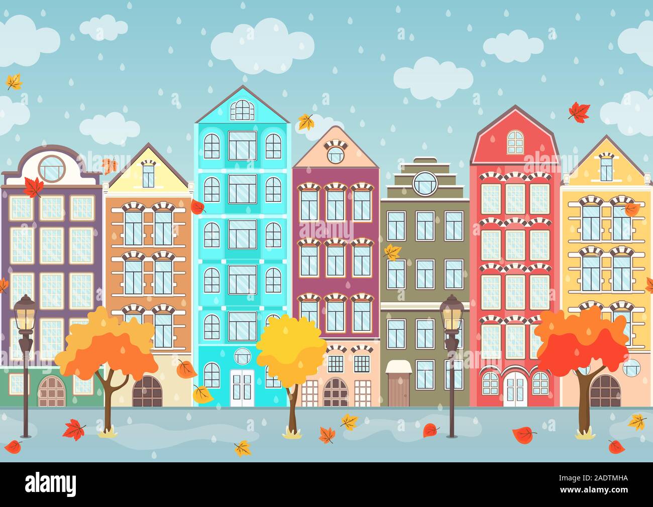Nahtlose Grenze von Herbst bunte Häuser, Bäume und tropfenden Regen, äußere städtische Landschaft, Stadt, Hintergrund. Europäische Fassaden in der Zeile, die Blätter gefallen Stock Vektor