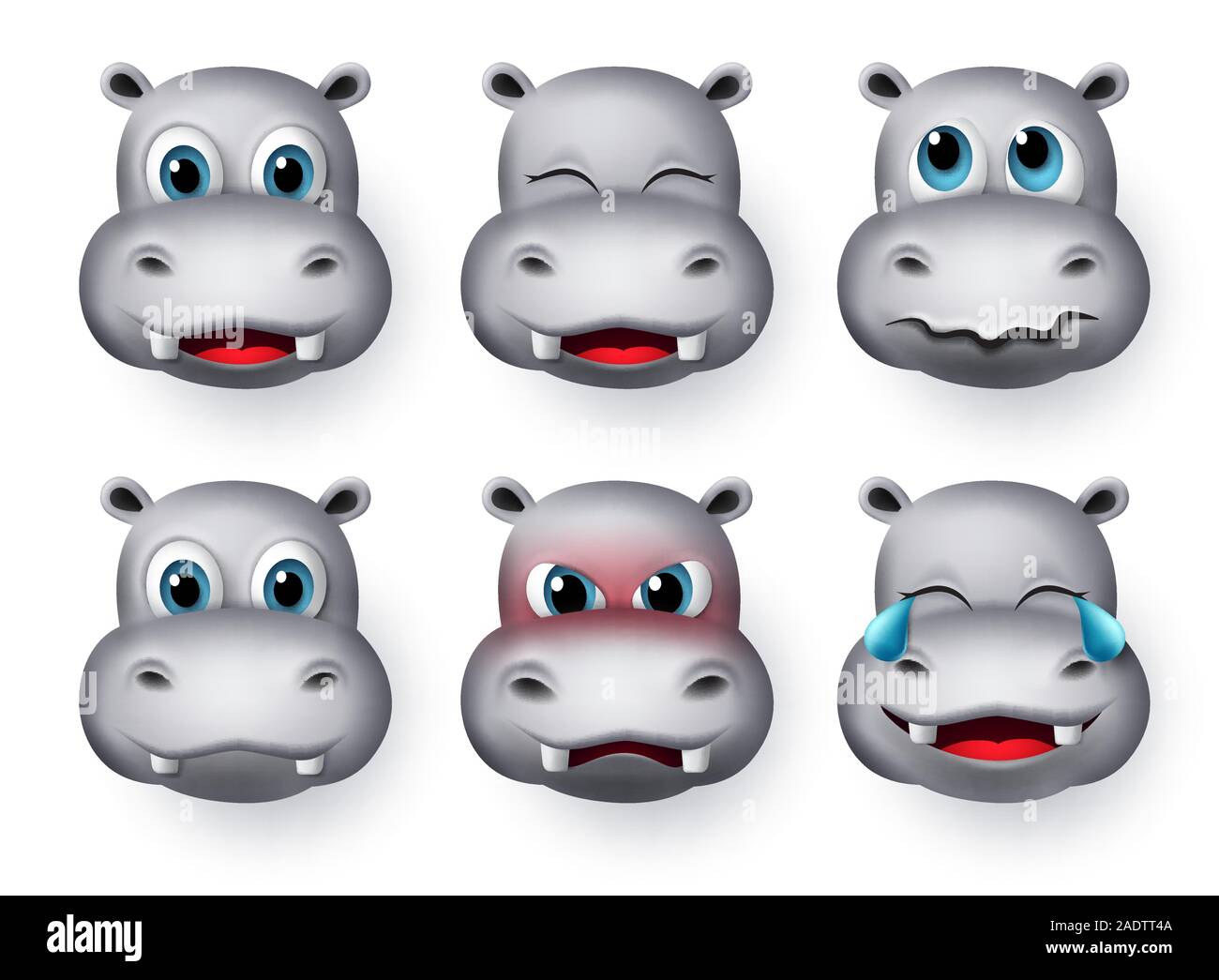 Hippopotamus emoji Vektor einrichten. Flusspferd oder nilpferd Gesicht emojis und Emoticons Tier Charakter mit Lachen, Angst, lächelnd und Wut ausdrücken. Stock Vektor