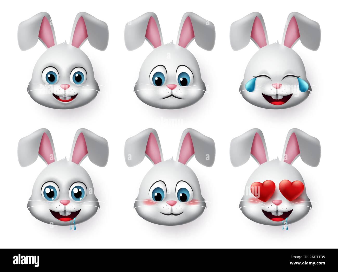 Kaninchen emojis Vektor einrichten. Kaninchen oder Hase Emoticon nettes Gesicht Tier Charakter mit Lachen, hungrig, traurig, errötete und in der Liebe Stimmung oder Emotionen. Stock Vektor