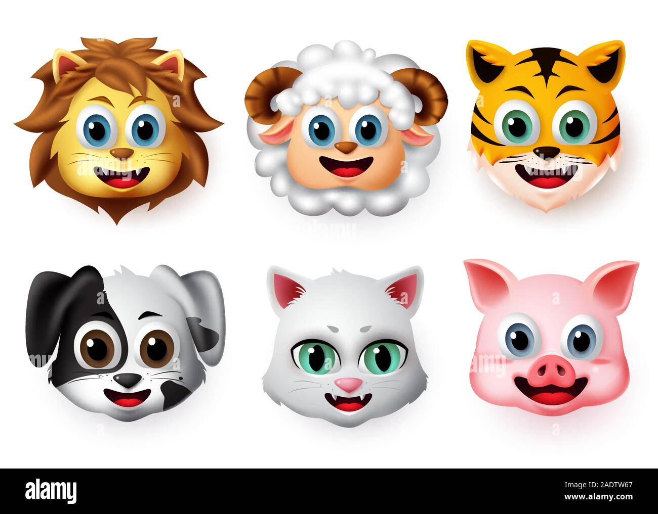Emojis und Emoticons Tiere Happy Face Vector eingestellt. Tier emoji Gesicht von Lion, Lamm, Tiger, Hund, Katze, Schwein Charakter Kreatur im Lächeln ausdrücken. Stock Vektor