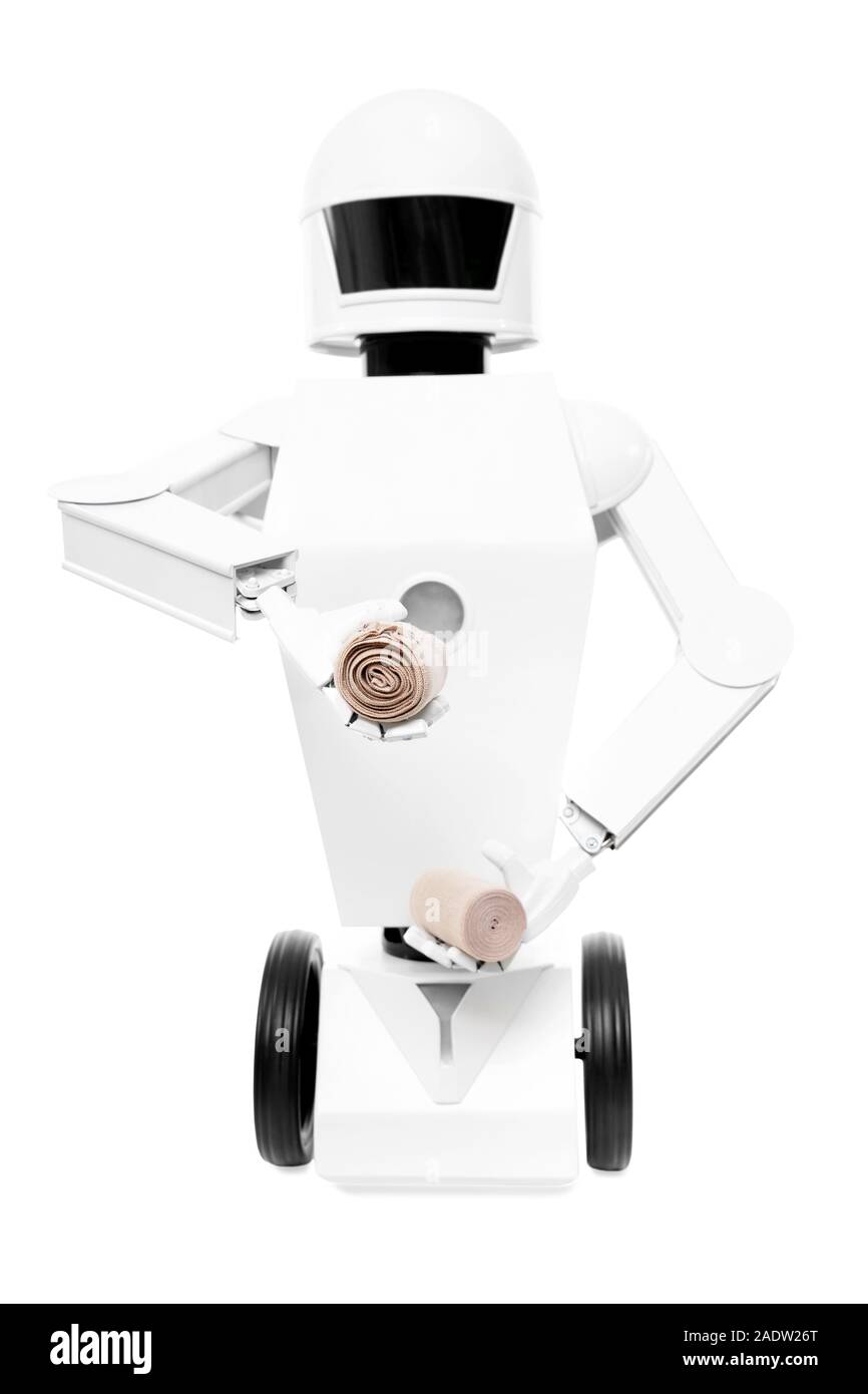 Autonome serviceroboter als medizinischer Arbeiter, Krankenschwester oder Betreuer, vor einem weißen Hintergrund Stockfoto