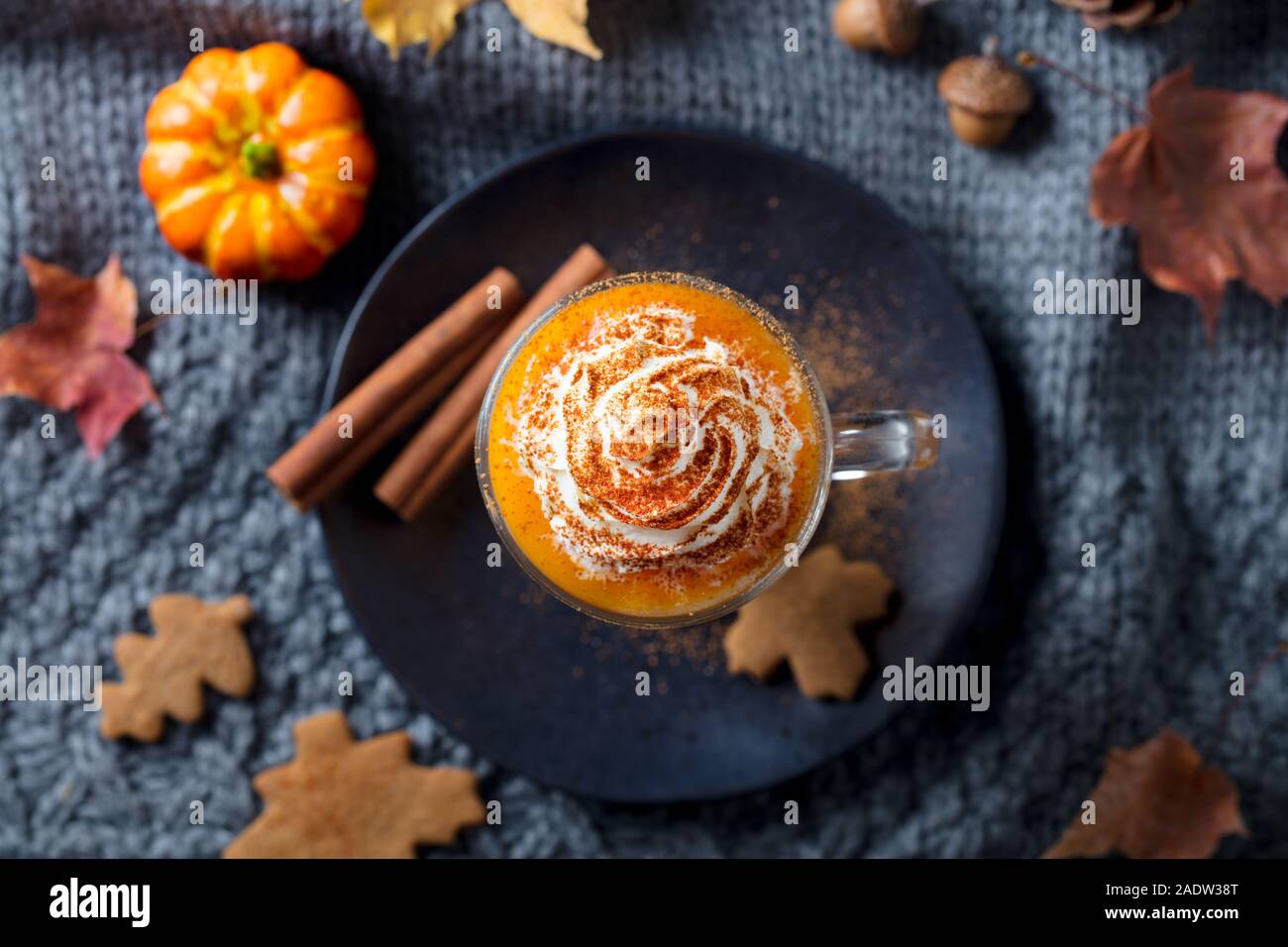 Kürbis Latte mit Gewürzen. Versoffenes Cocktail mit Schlagsahne. Grauer Hintergrund. Ansicht von oben. Nahaufnahme Stockfoto