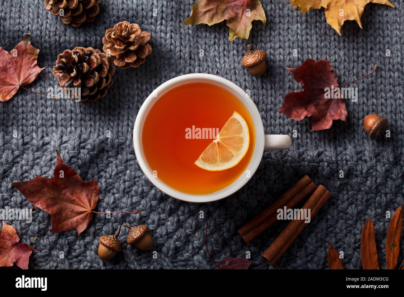 Kaffee Tasse mit Blätter im Herbst. Grauer Hintergrund. Ansicht von oben Stockfoto