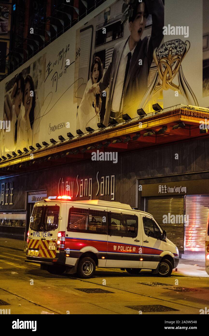 HongKong - Dezember 01, 2019: Bereitschaftspolizei auf Demonstration während der Proteste 2019, eine Serie von Demonstrationen in Hongkong gestartet als Anti-Extradition Gesetz änderung Rechnung (Anti-Elab) Bewegung. Stockfoto