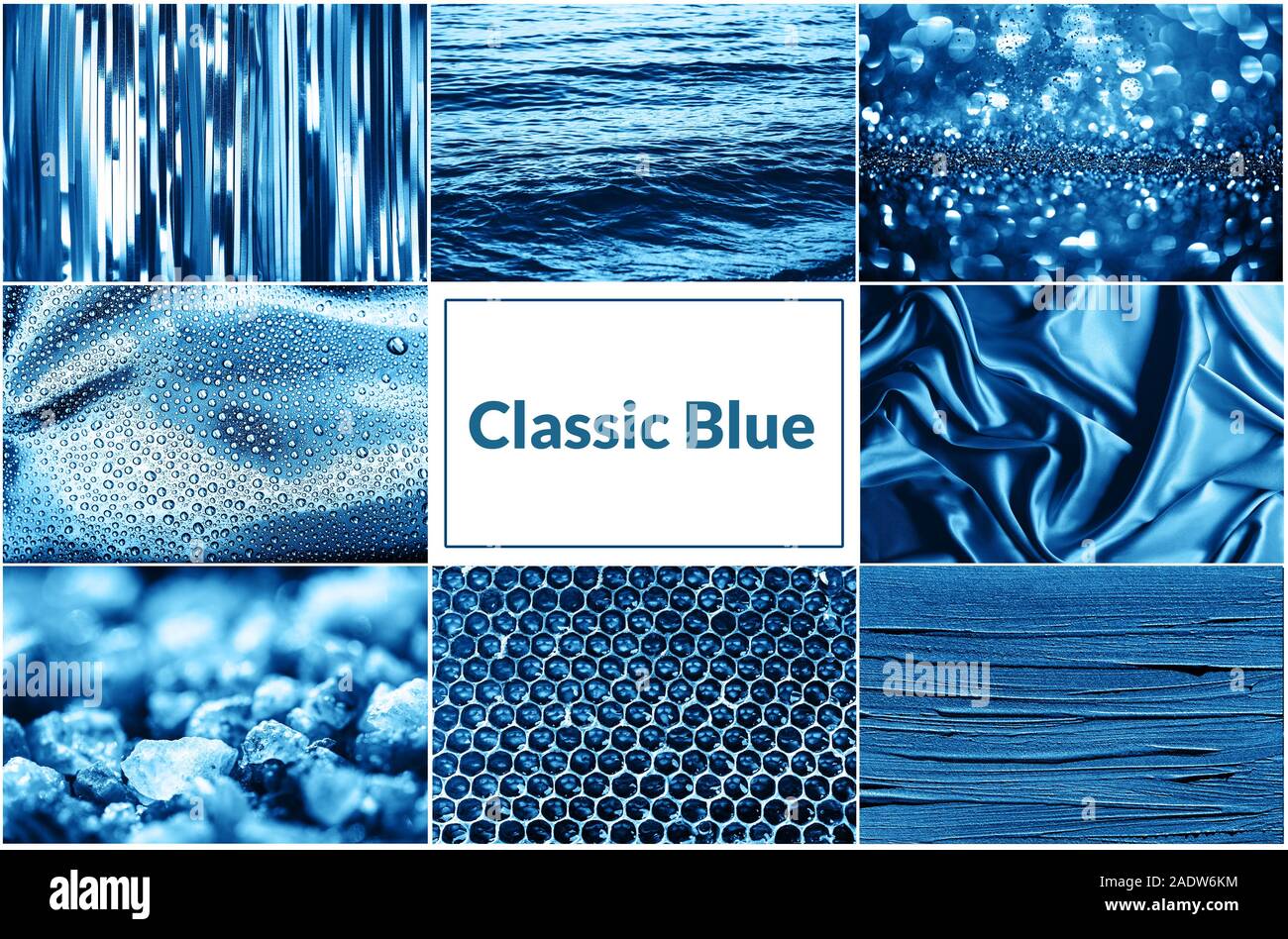 Kreative Collage aus verschiedenen Texturen durch blaue Farbe inspiriert. Stockfoto