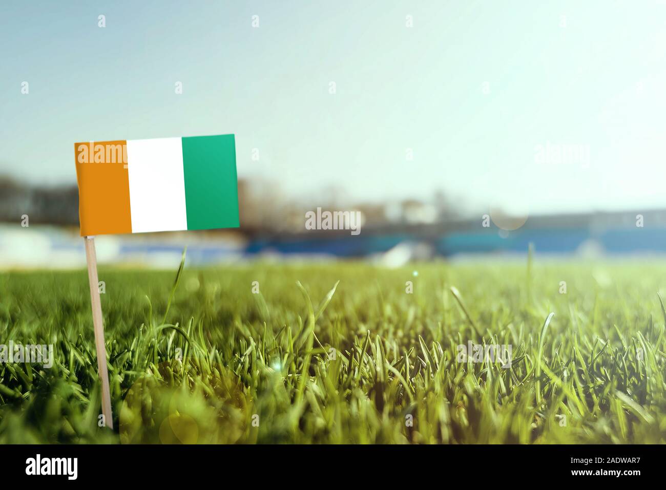 Miniatur stick Cote D'Ivoire Flagge auf grünem Gras, sonnigen Gebiet. Stadion Hintergrund, kopieren Platz für Text. Stockfoto