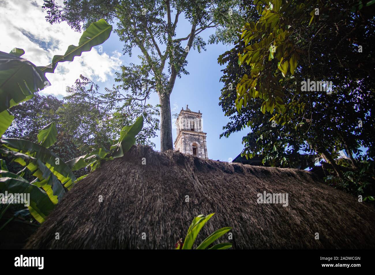 Kirche, Turm, der von Grün in der Kolonialstadt Valladolid Mexiko umgeben Stockfoto