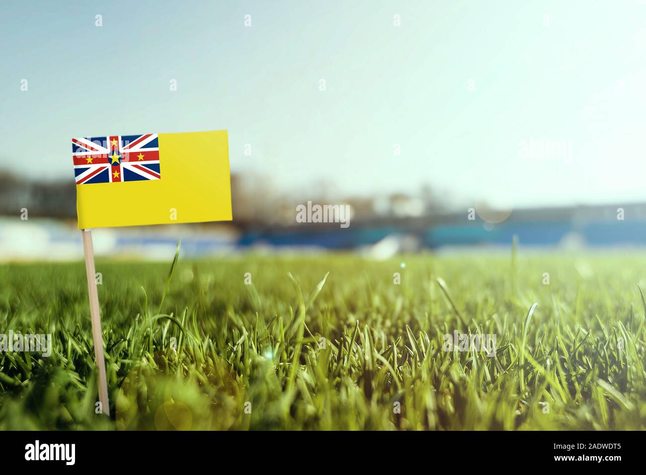 Miniatur stick Niue Flagge auf grünem Gras, sonnigen Gebiet. Stadion Hintergrund, kopieren Platz für Text. Stockfoto