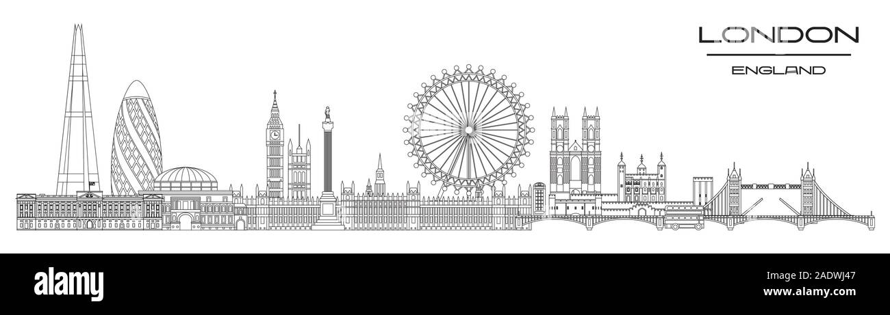 Vektor Panoramablick line Art Abbildung: Wahrzeichen von London, England. London City Skyline Vector Illustration auf weißem Hintergrund. London v Stock Vektor