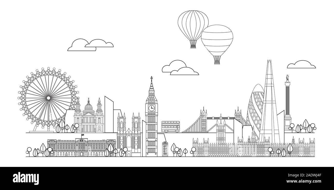 Monochrome vektorlinie Art Illustration von Wahrzeichen von London, England. London City Skyline panorama Vektor-illustration isoliert auf weißem backgroun Stock Vektor