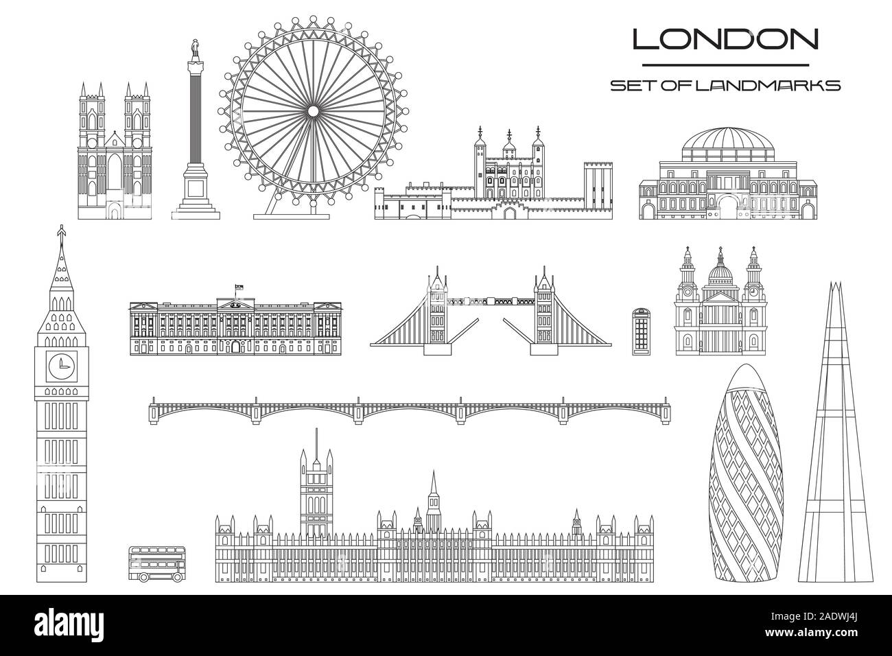 Vektor einrichten von Wahrzeichen von London. Skyline der Stadt Vector Illustration in den Farben Schwarz und Weiß auf weißem Hintergrund. Der Vektor Silhouette Stock Vektor