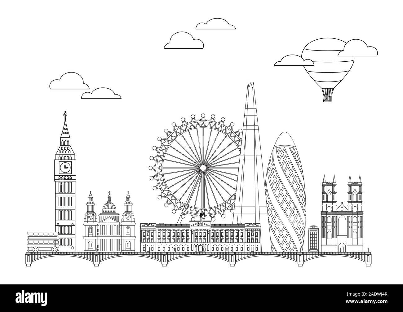Vektor Panoramablick line Art Abbildung: Wahrzeichen von London, England. London City Skyline Vector Illustration in den Farben Schwarz und Weiß auf isolierte Stock Vektor