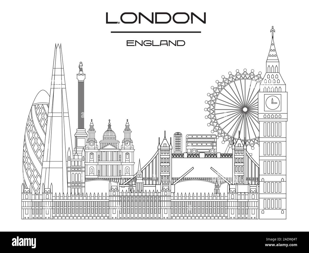 Vektor line Art Abbildung: Wahrzeichen von London, England. London City Skyline monochromen Vector Illustration auf weißem Hintergrund. London Stock Vektor