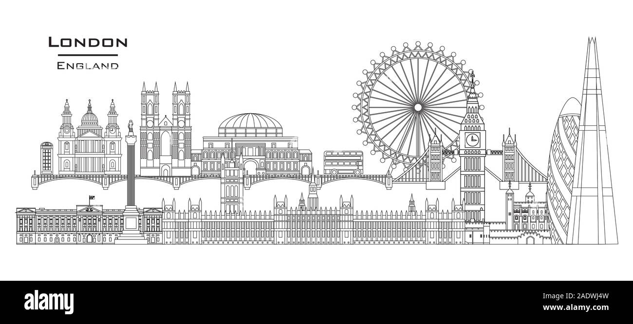 Vektor line Art Abbildung: Wahrzeichen von London, England. London City Skyline panorama Vector Illustration auf weißem Hintergrund. London v Stock Vektor