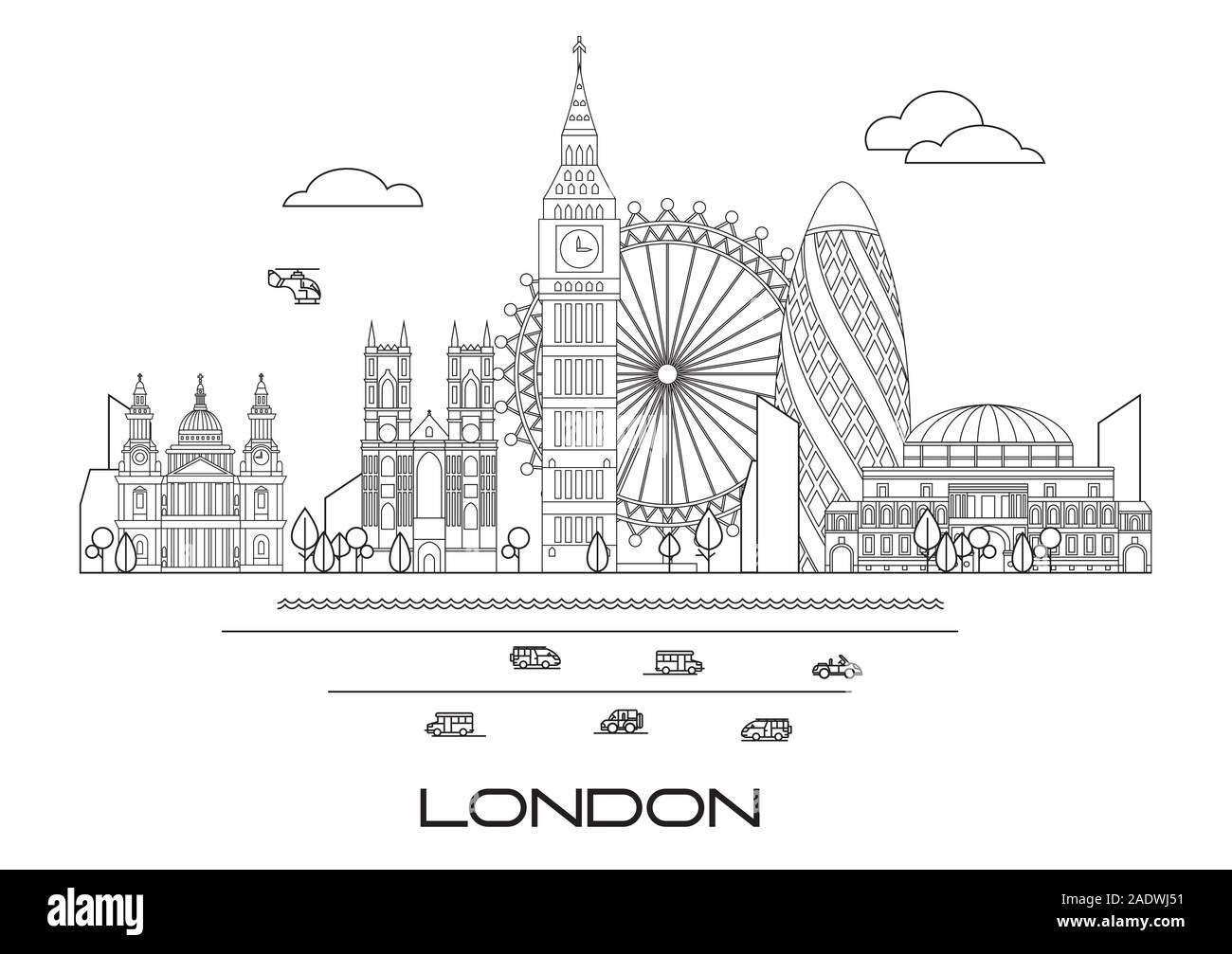 Vektor line Art Abbildung: Wahrzeichen von London, England. London City Skyline Vector Illustration in den Farben Schwarz und Weiß isoliert auf weiß zurück Stock Vektor
