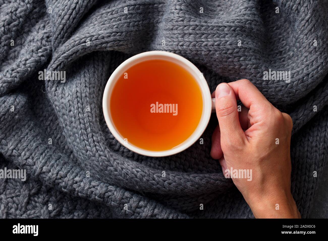 Tasse Tee in weiblicher Hand auf strickschal. Grauer Hintergrund. Ansicht von oben Stockfoto