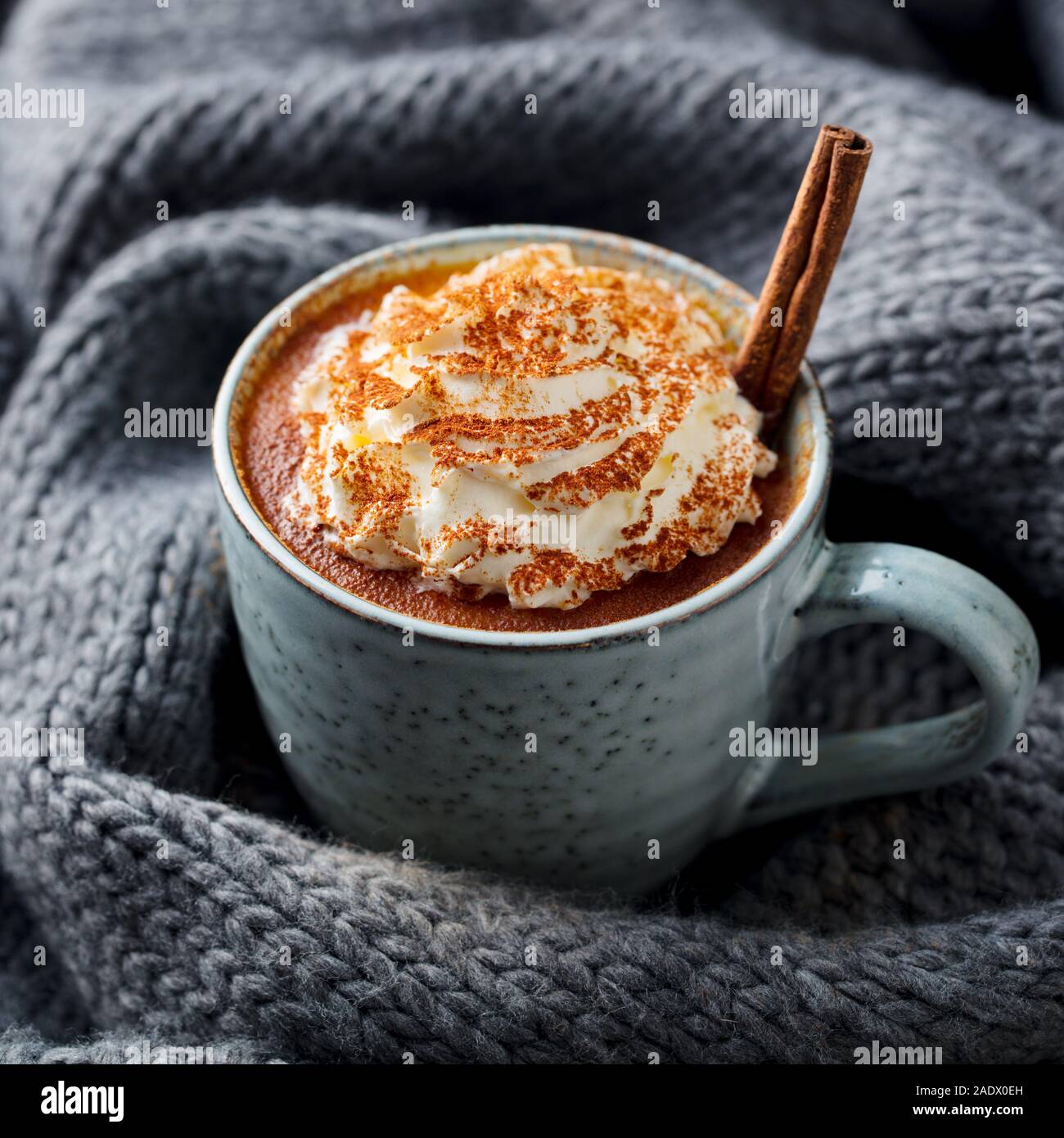 Kürbis Latte mit Gewürzen. Versoffenes Cocktail mit Schlagsahne. Grau gestrickt Hintergrund. Nahaufnahme Stockfoto