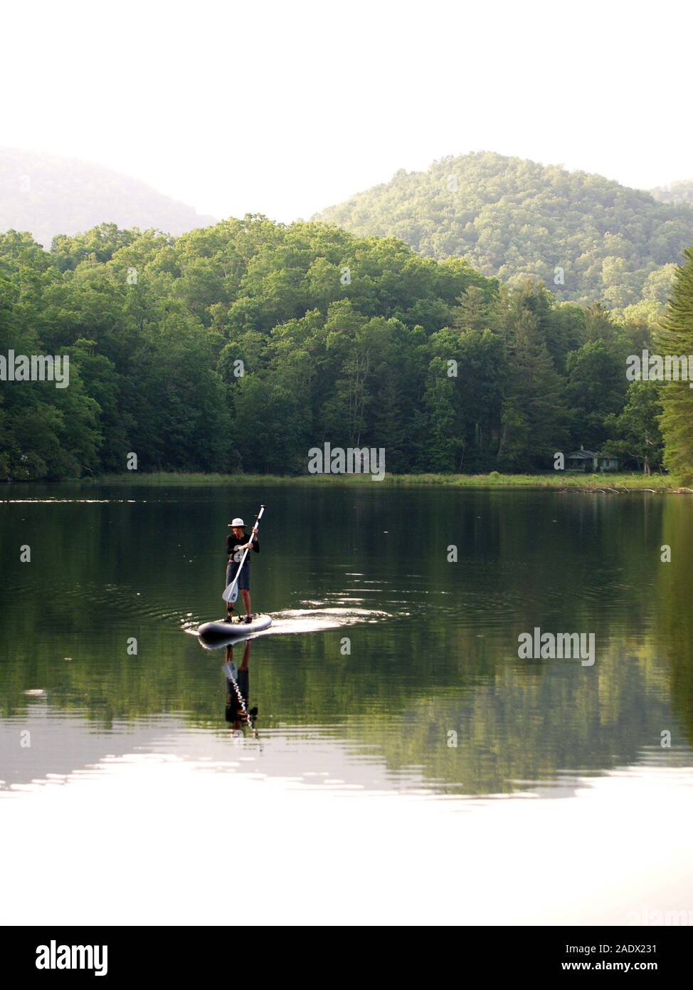 Paddle Boarding auf Balsam Lake, North Carolina Stockfoto