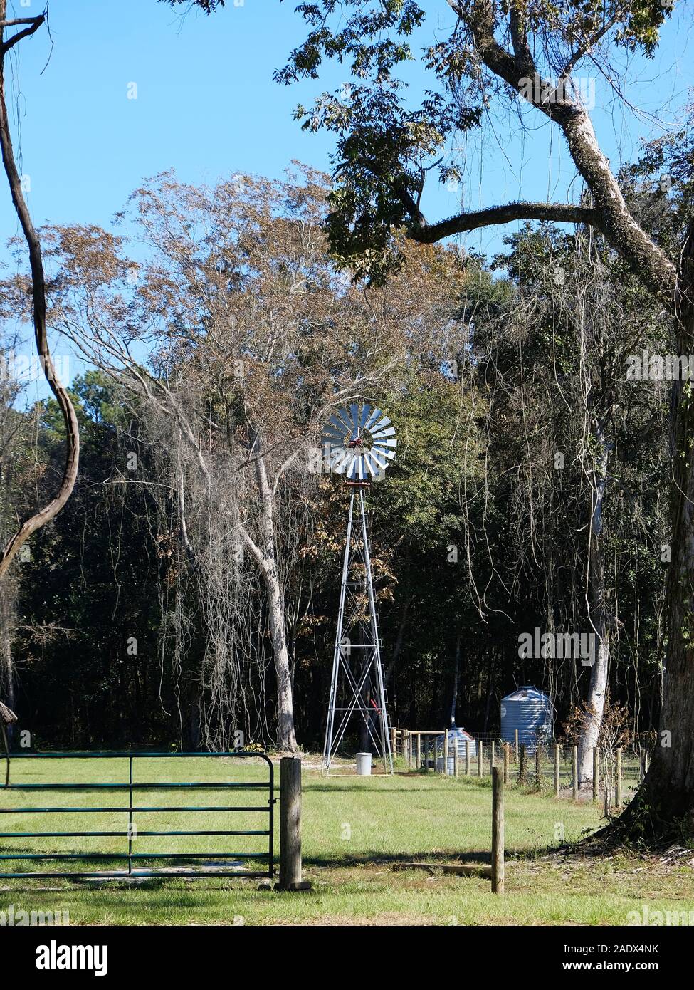 Farm oder Ranch Windmühle und Wasserpumpe in ländlichen Alabama, USA. Stockfoto