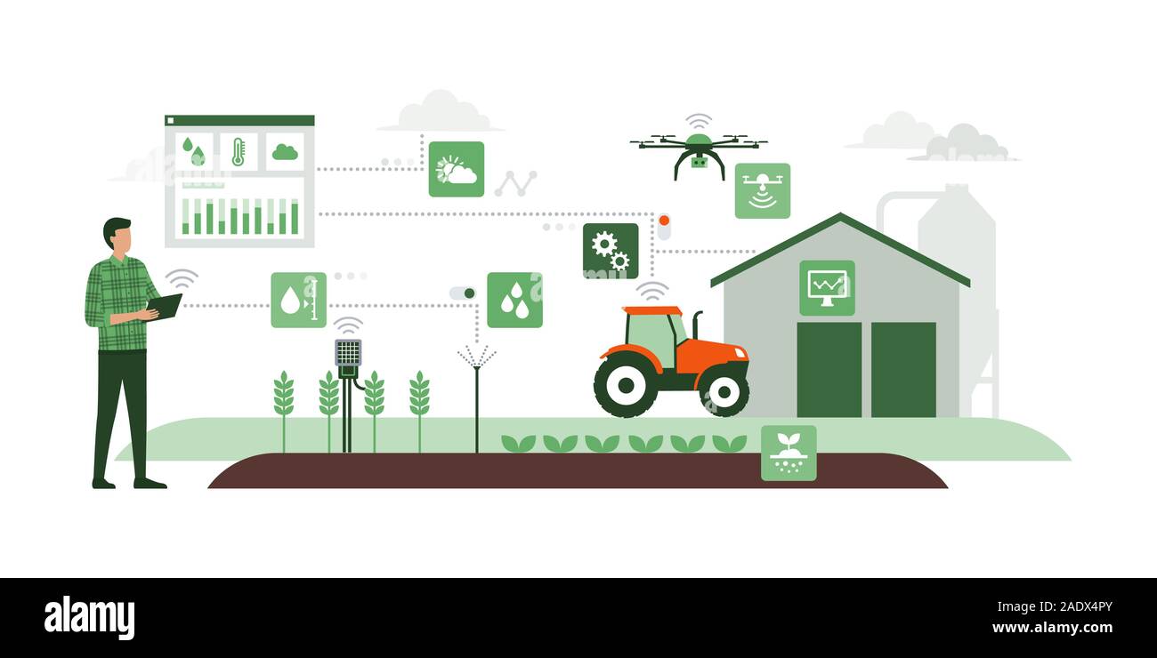 Betriebsinhaber seine industriellen Bauernhof mit einer mobile App auf seinem Tablet, IOT und Smart Farming Konzept Stock Vektor