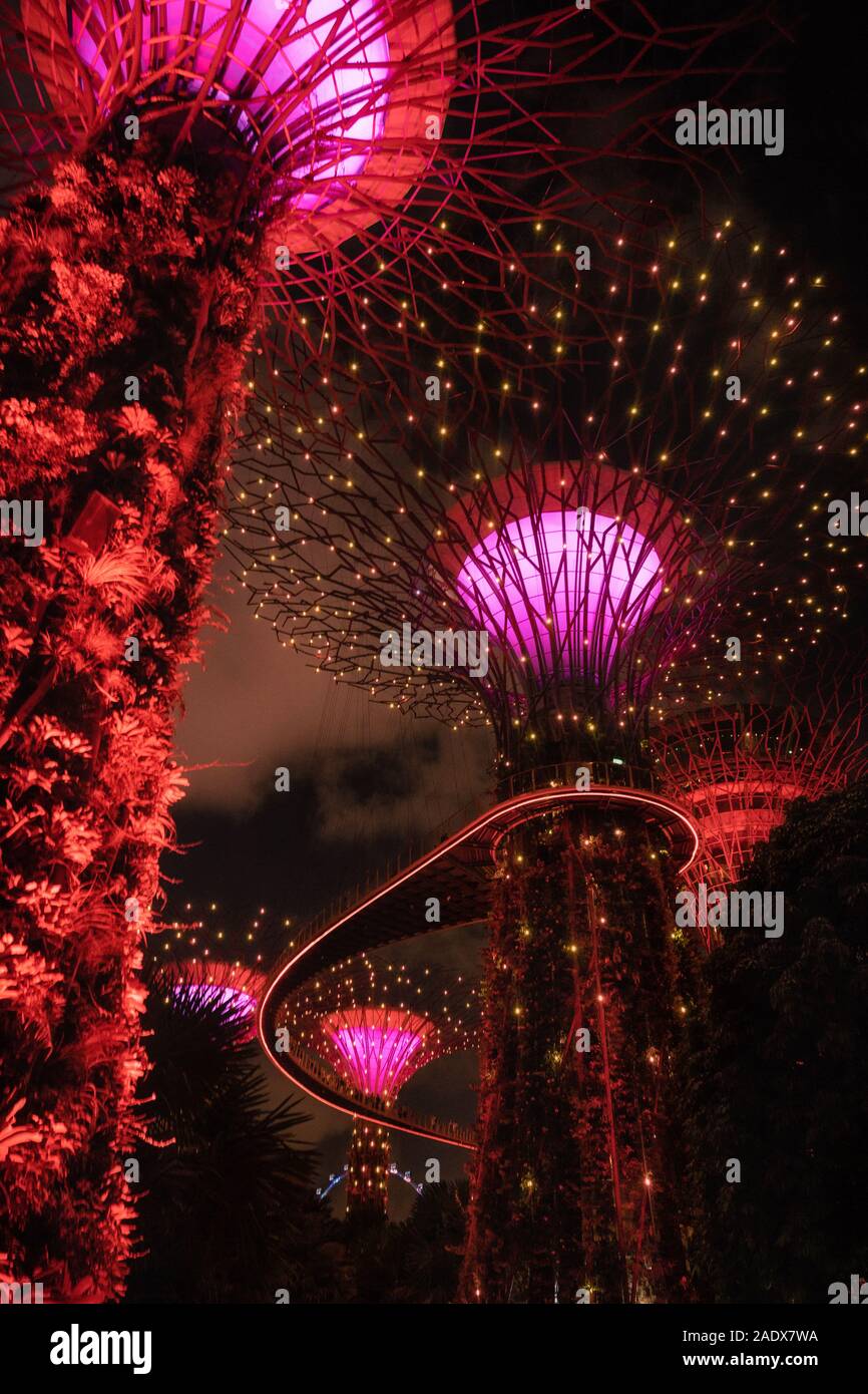 Singapur - April 2, 2018: Licht der riesigen Bäume im Garten durch die Bucht bei Nacht in Singapur. Stockfoto