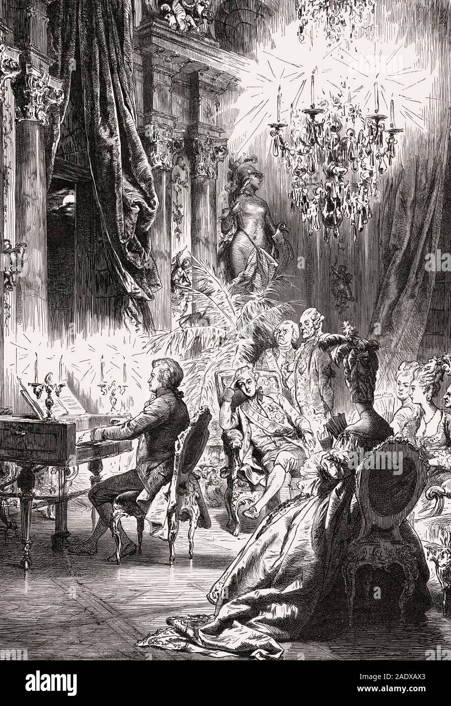 Mozart gibt ein Konzert für Kaiser Joseph II. in Schönbrunn, Wien, Österreich Stockfoto