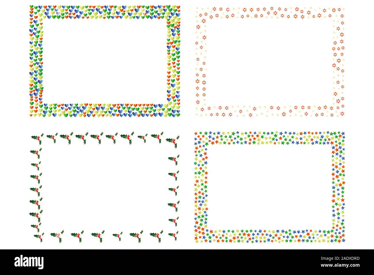 Die verschiedenen Designs der isolierten Grenzen - von Stars, Holly und Herzen - nützlich für Weihnachten Design und Karten Stockfoto