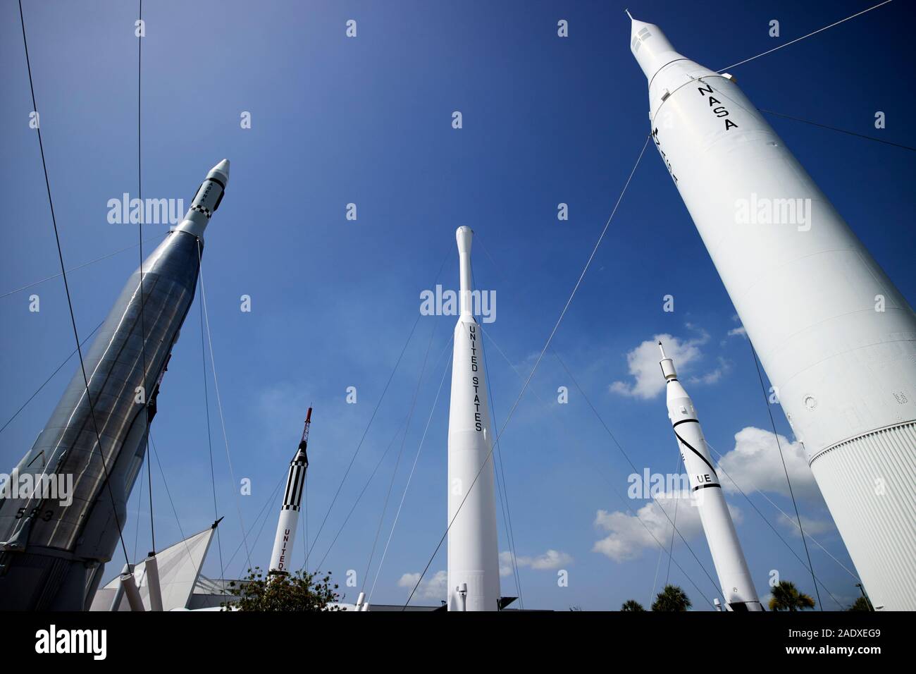 Die Rakete Garten im Kennedy Space Center florida usa l-r Atlas agena Mercury-redstone delta Juno 1 Juno 2 Stockfoto