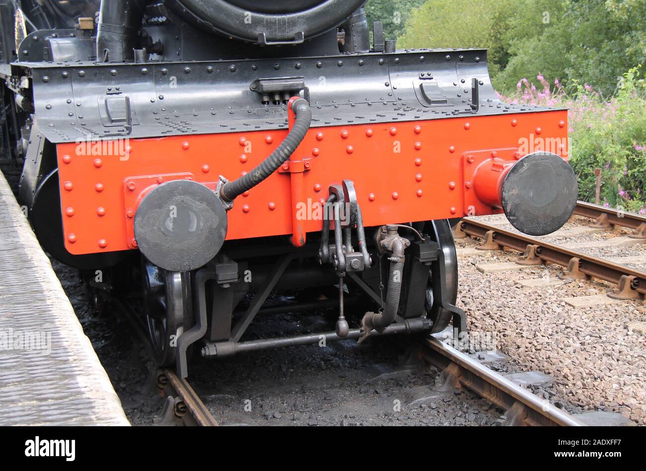Die Front eines Vintage Railway Steam Train Motor. Stockfoto