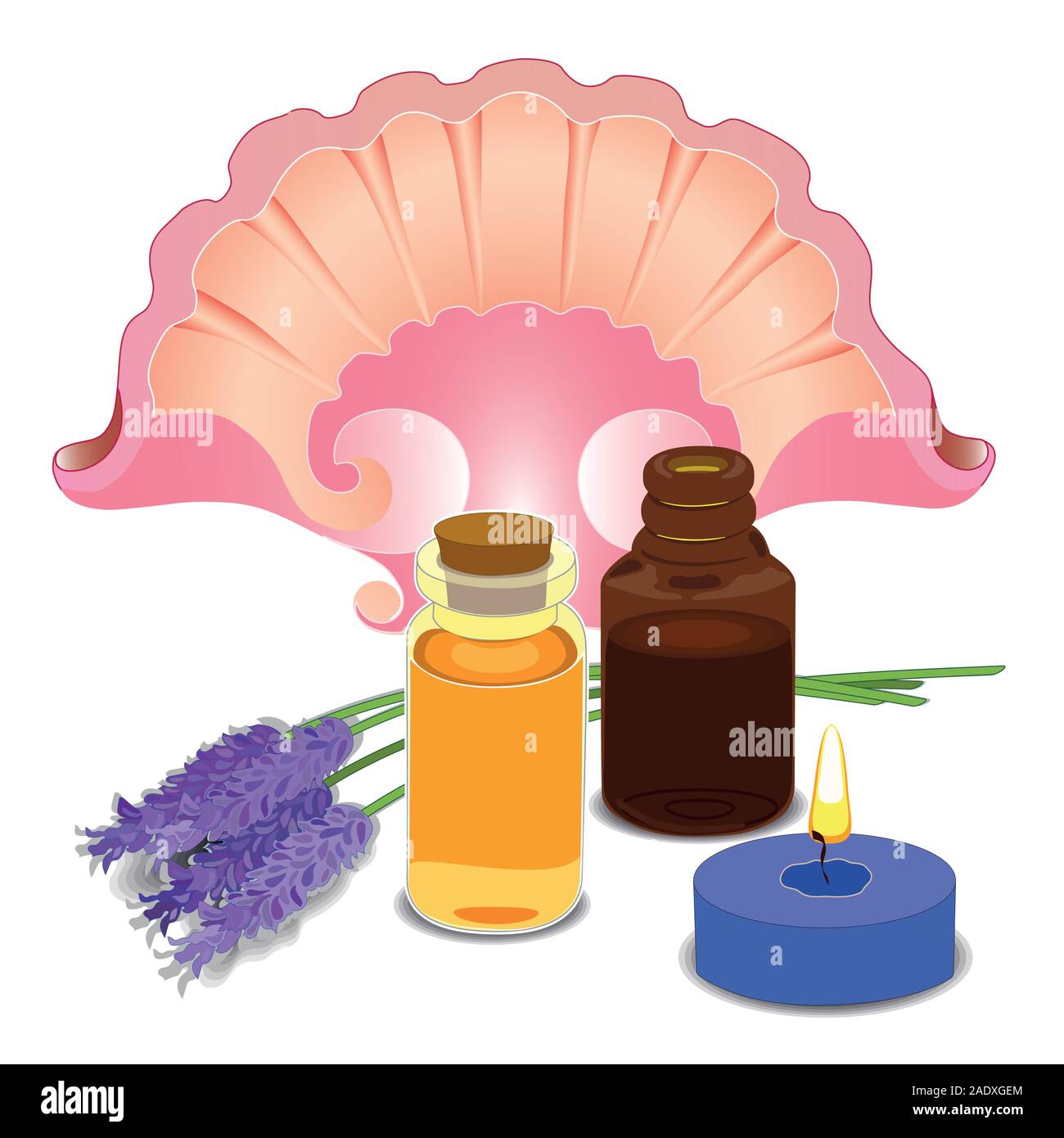 SPA-Komposition. Ätherische Öle. Lavendelblüten und Meer, rosa Schale.beleuchtete Kerze. Vektor Stock Vektor
