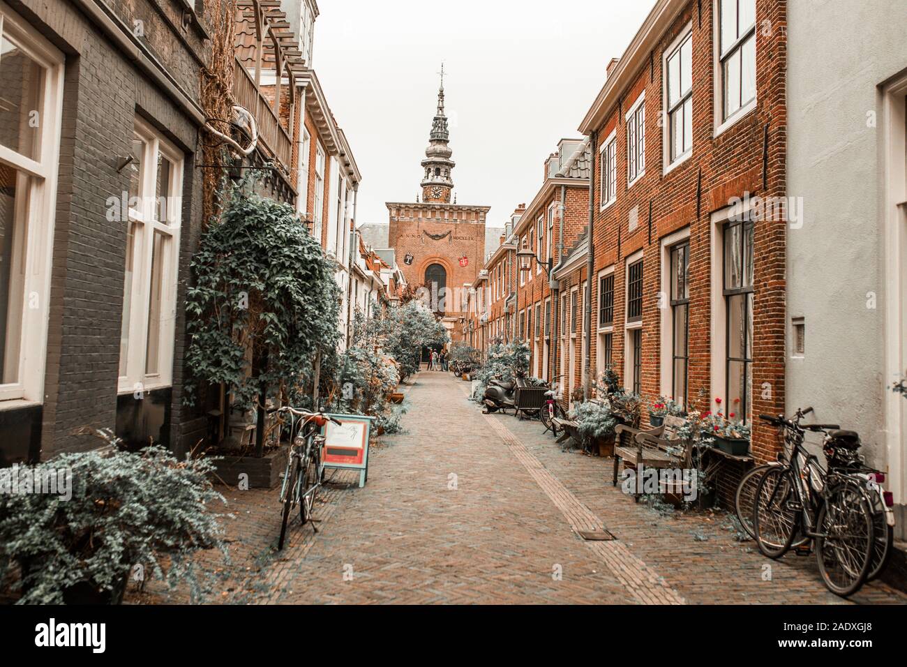 Schöne gemauerte Häuser Gasse in Haarlem Stockfoto