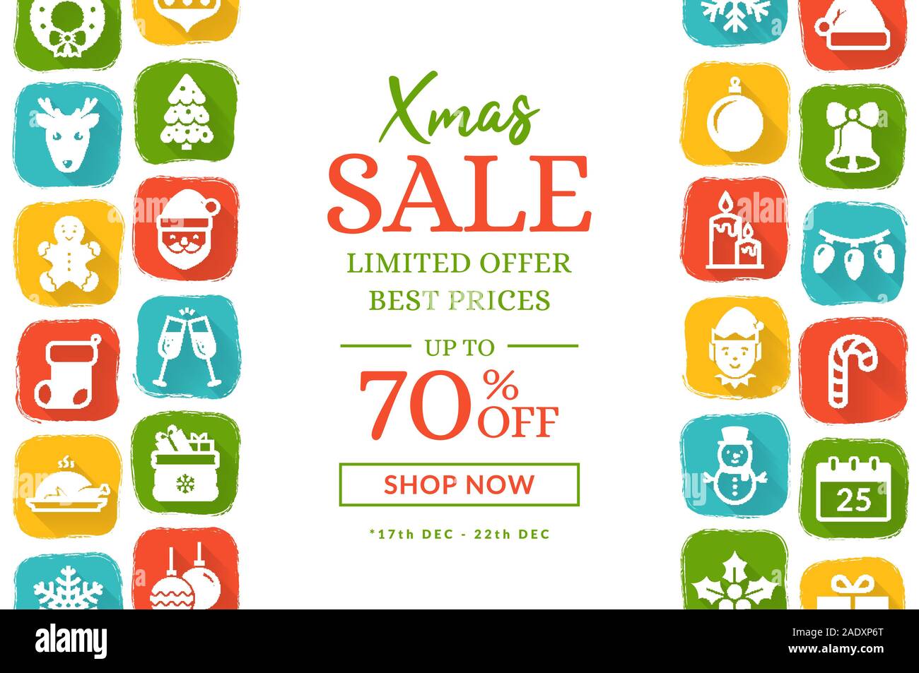 Weihnachten Verkauf Banner mit Symbolen. Vector Hintergrund mit Urlaub Symbole und Platz für Text. Horizontale Vorlage für Weihnachten und Neujahr Rabatte. Stock Vektor