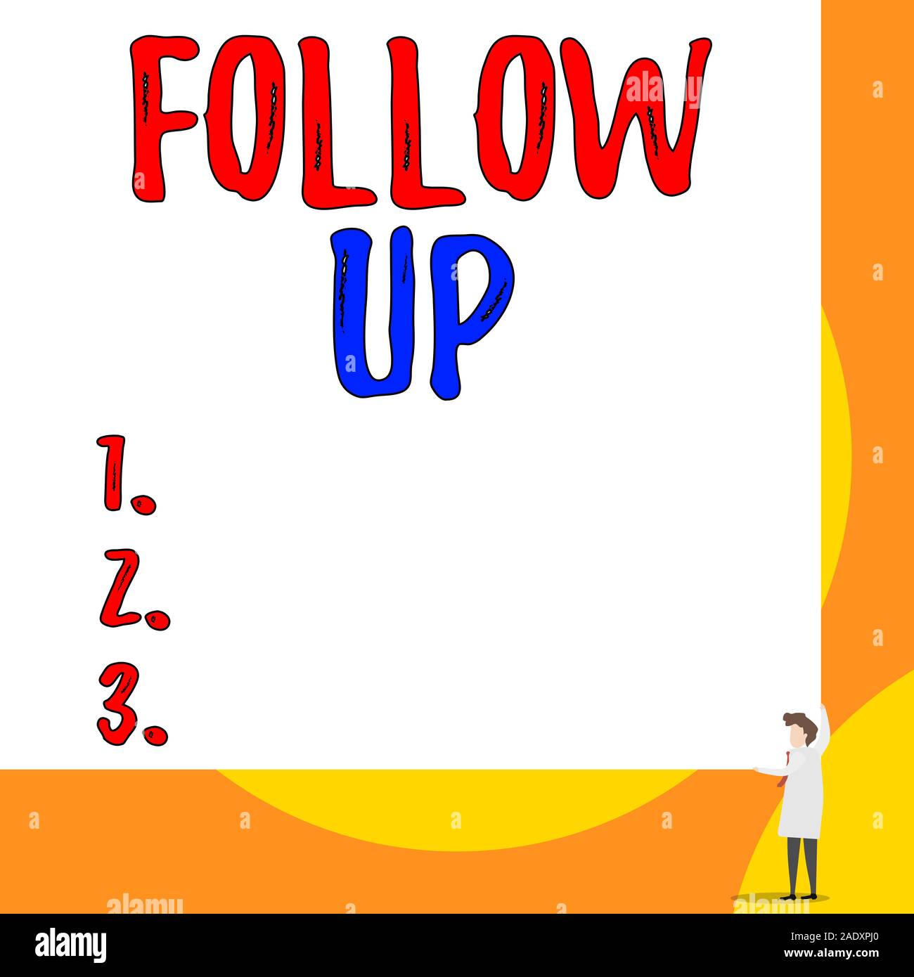 Konzeptionelle Handschrift zeigt Follow-up. Begriff Sinne zusätzliche Informationen oder eine Aktivität, die zweitens junge Frau mit beiden Händen zu prüfen. Stockfoto