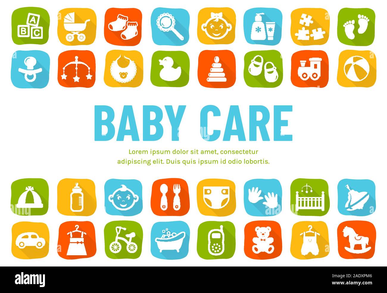 Baby Banner mit flachen Symbole - Kinder Spielzeug, Nahrung, Kleidung. Neugeborene und Kinder, Fütterung und Pflege. Vektor horizontale Hintergrund mit Platz für Text. Stock Vektor