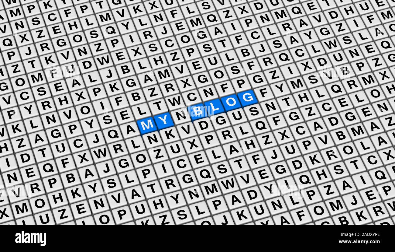 Mein Blog Worte auf 3D-Würfel Hintergrund mit zufälligen Buchstaben für Titel der Präsentation Seite. Stockfoto