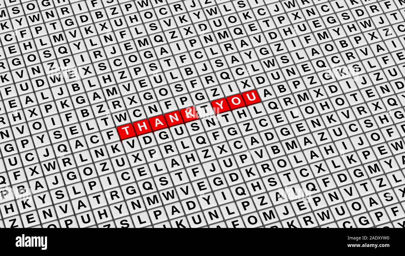 Vielen Dank, dass Sie Wörter auf 3D-Würfel Hintergrund mit zufälligen Buchstaben für Titel der Präsentation Seite. Stockfoto