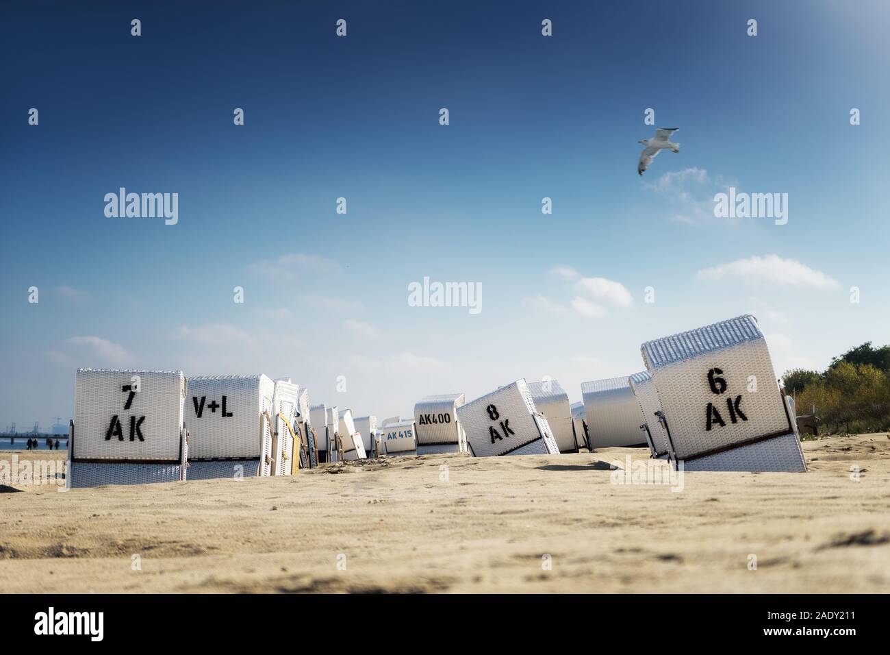 Strandkorb am Strand in Heringsdorf Stockfoto