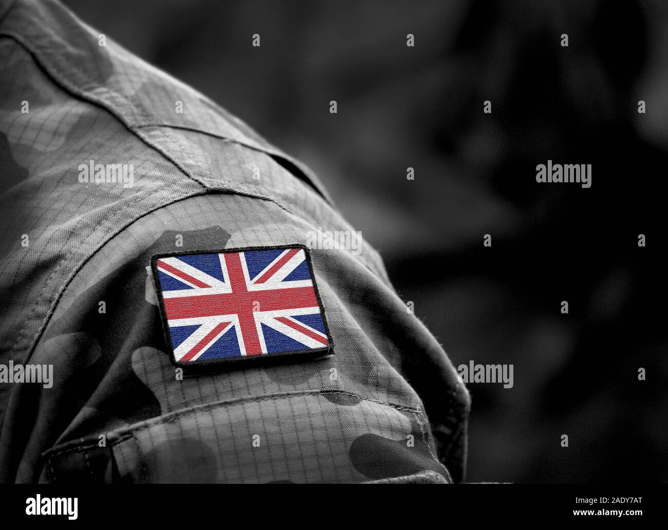 Flagge des Vereinigten Königreichs auf der Uniform. Britischen Armee. Britische Streitkräfte, Soldaten. Collage. Stockfoto