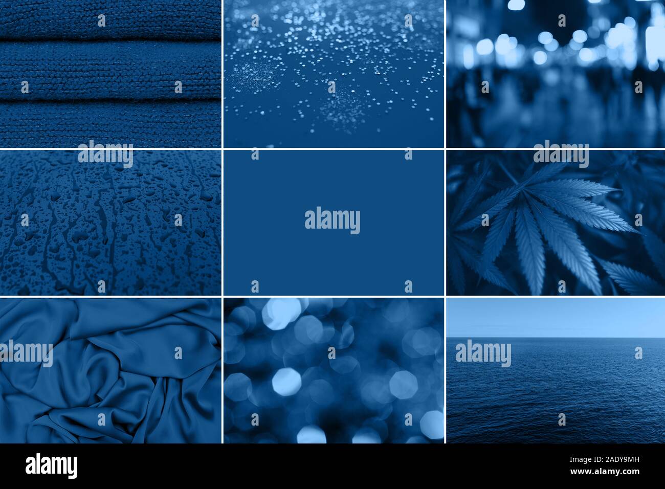 Blue Collage auf unterschiedliche Themen, mit verschiedenen Fotos der verschiedenen Themen, Seite und unscharfen Hintergrund, Textur aus Stoff Stockfoto