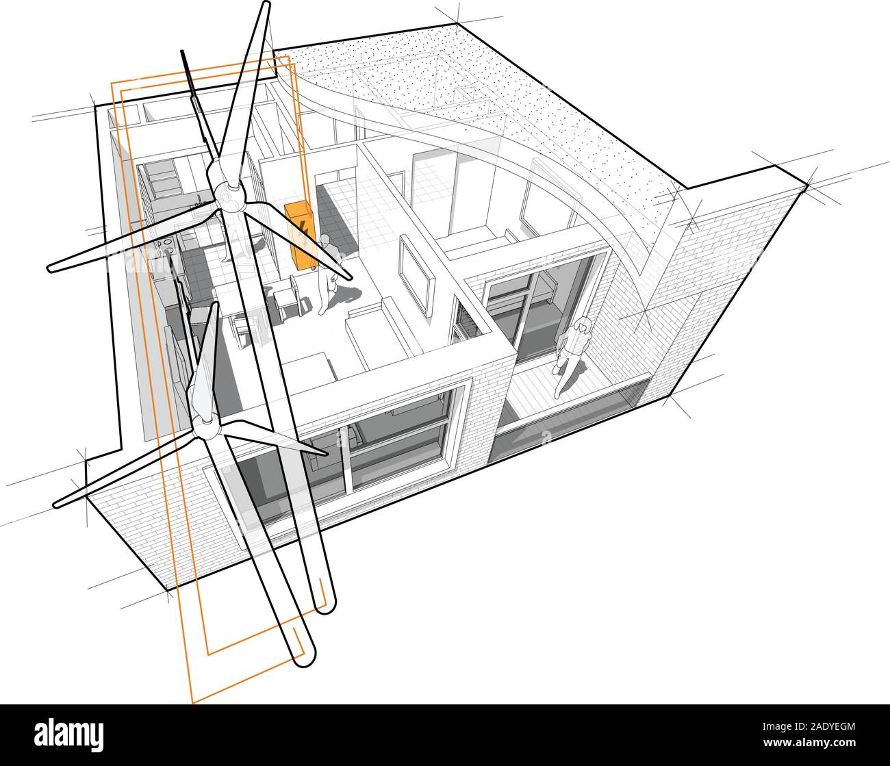 Perspektive Innenansicht der ein Apartment mit einem Schlafzimmer komplett mit Flachdach Cutaway über es eingerichtet mit Windkraftanlagen als Quelle von elektrischen en Stock Vektor