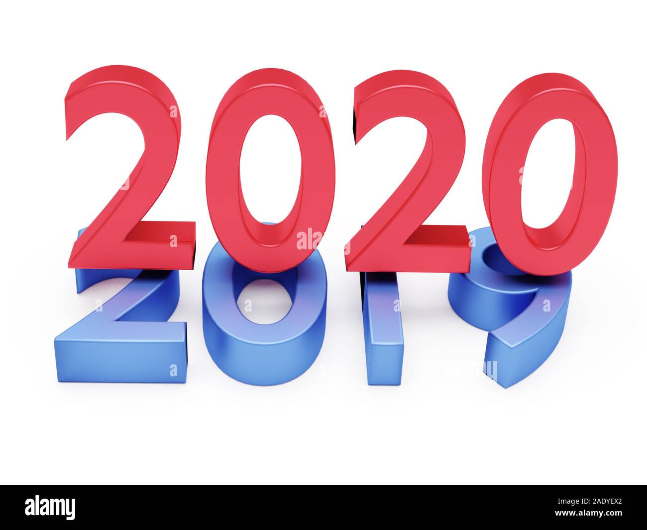 Rote Zahlen der Neuen Jahr 2020 über Blau alt2019 auf weißem Hintergrund. 3D-Rendering Stockfoto