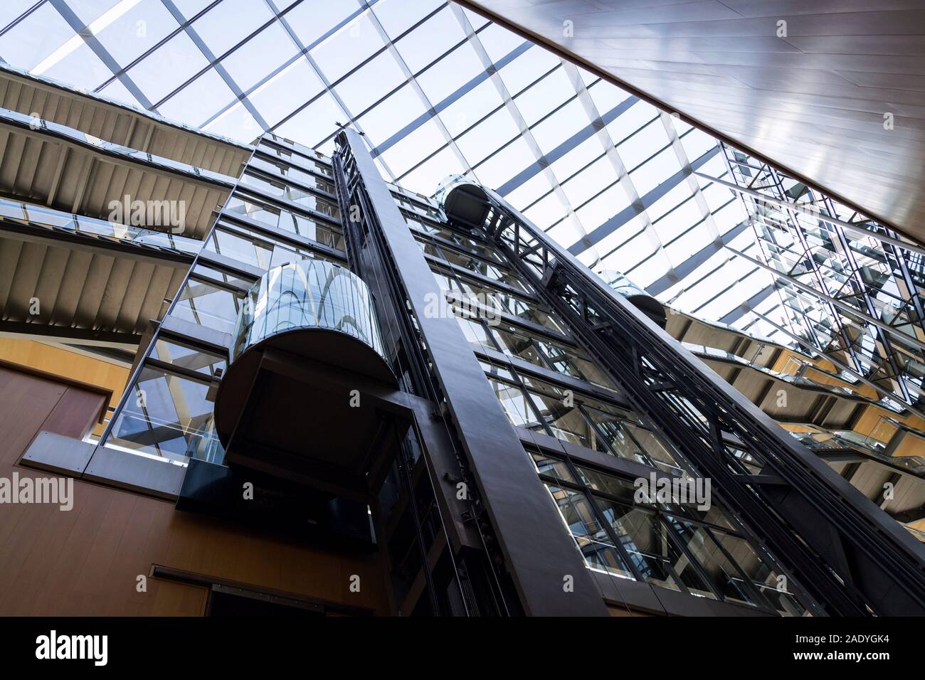 Glasaufzug im verglasten Atrium in modernen Büros Innenraum, Zukunft der Arbeit, Coworking, Shared Workplace Konzept Stockfoto