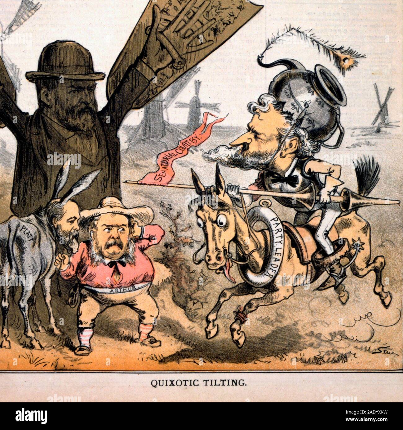 Quixotic kippen - Politische Karikatur zeigt Menschen 'Chef' Rüstung tragen, auf einem Pferd, enatorial's Speer Höflichkeit' an der Windmühle in Form von James Garfield, mit Chester Arthur und Thomas Platt als Esel stehend vor. 1881 Stockfoto