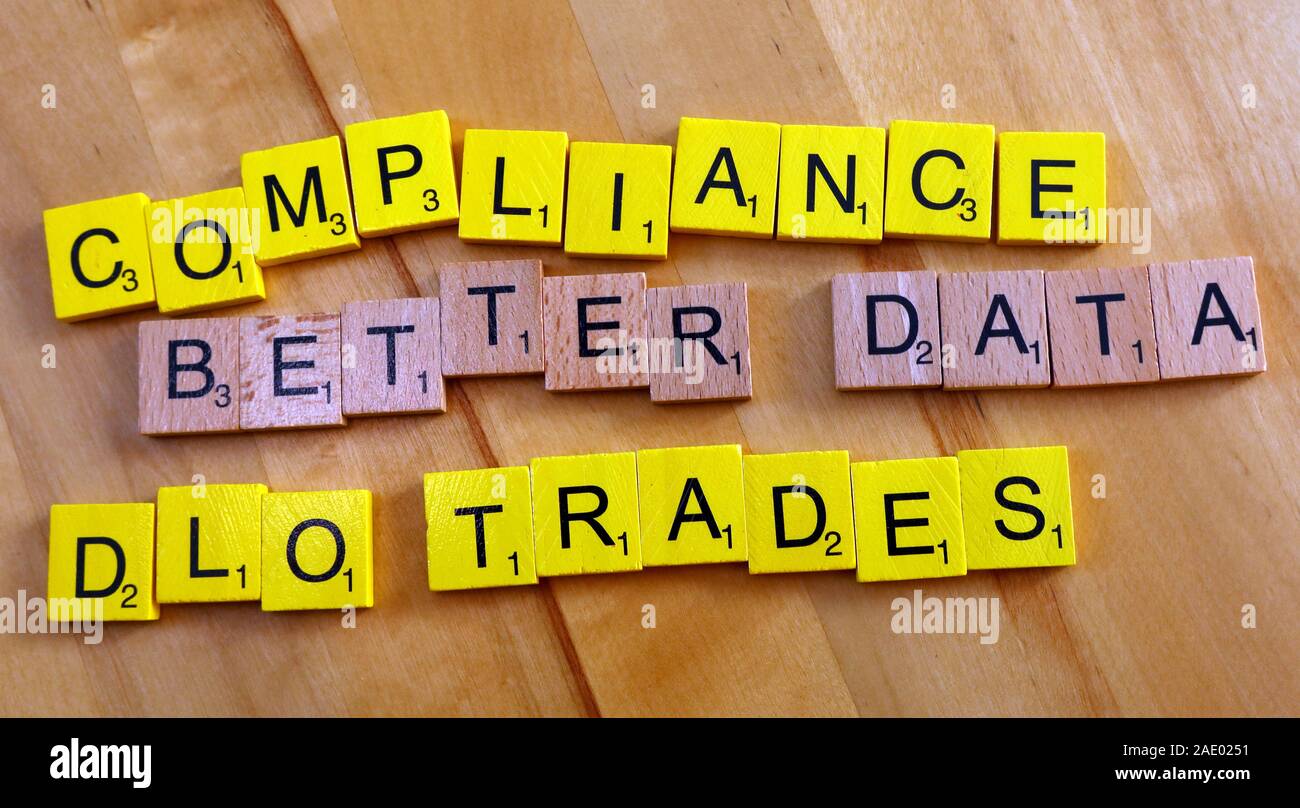 Compliance,bessere Daten,DLO,Trades,Scrabble Letters Stockfoto