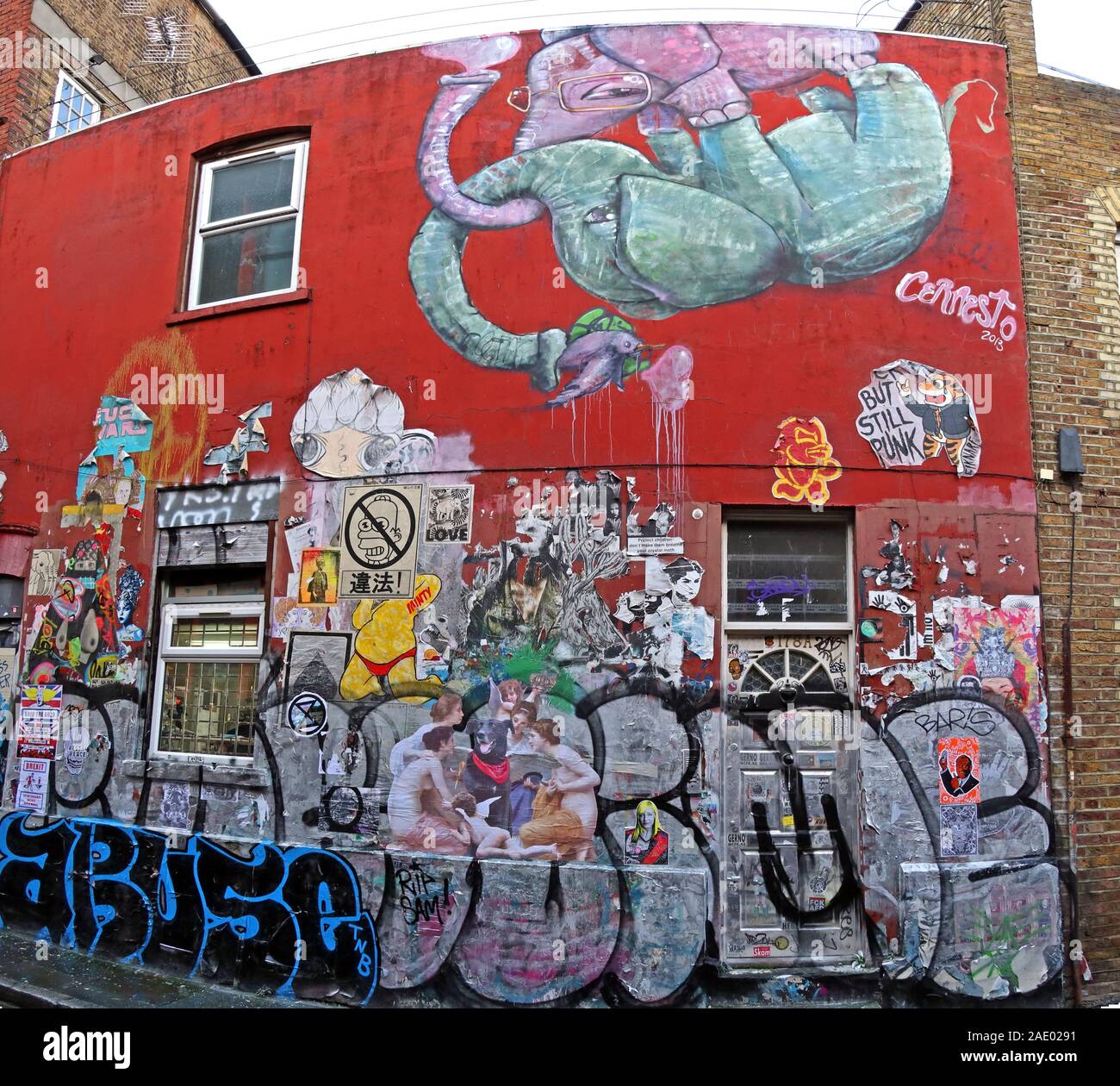Elefant, Abuse Tag, Brick Lane, Kunst und Graffiti, Shoreditch, Tower Hamlets, East End, London, Südosten, England, Großbritannien, E1 6QL Stockfoto