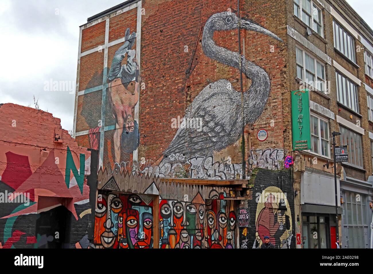 Stork, Hanbury Street, Brick Lane, Kunst und Graffiti, Shoreditch, Tower Hamlets, East End, London, South East, England, Großbritannien, E1 6QL Stockfoto