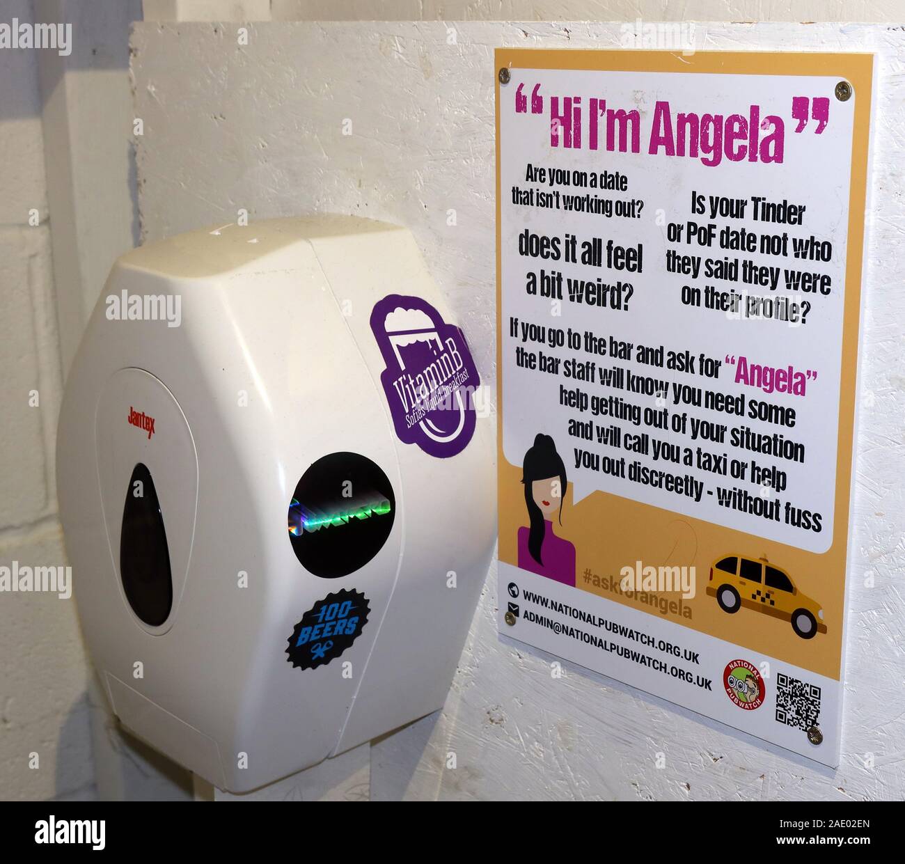 Fragen Sie nach Angela Kampagne, sexuelle Übergriffe Keyword Kampagne, um Trinker in Bars, Clubs und Pubs zu schützen - Bermondsey, South London, Großbritannien Stockfoto